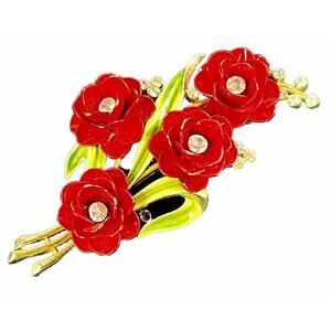 Crown Trifari Red Enamel Gold Tone w/ Rhinestones 4 Flower Brooch Lapel Pin VTG